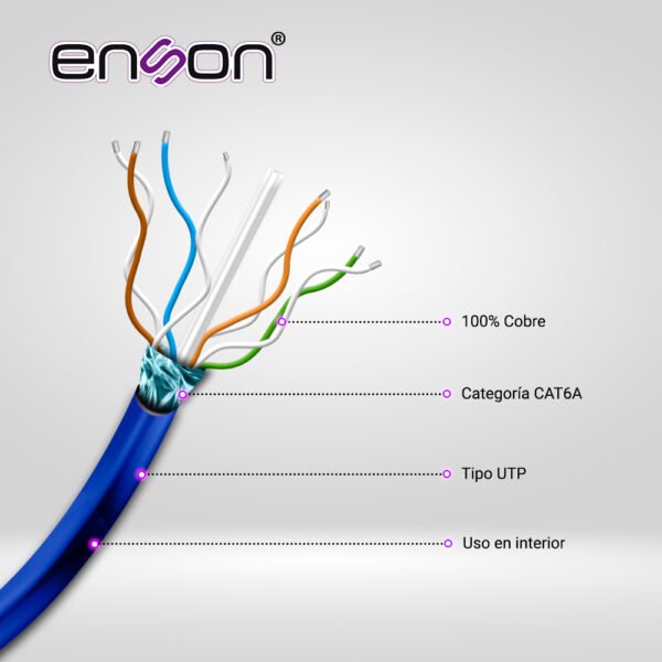 CABLE UTP CAT6A ENSON 12264L305 FORRO PVC AZUL 4 PARES 500MHZ 100 POR CIENTO COBRE USO INTERIOR / 1000 PIES / 305 METROS - Image 2