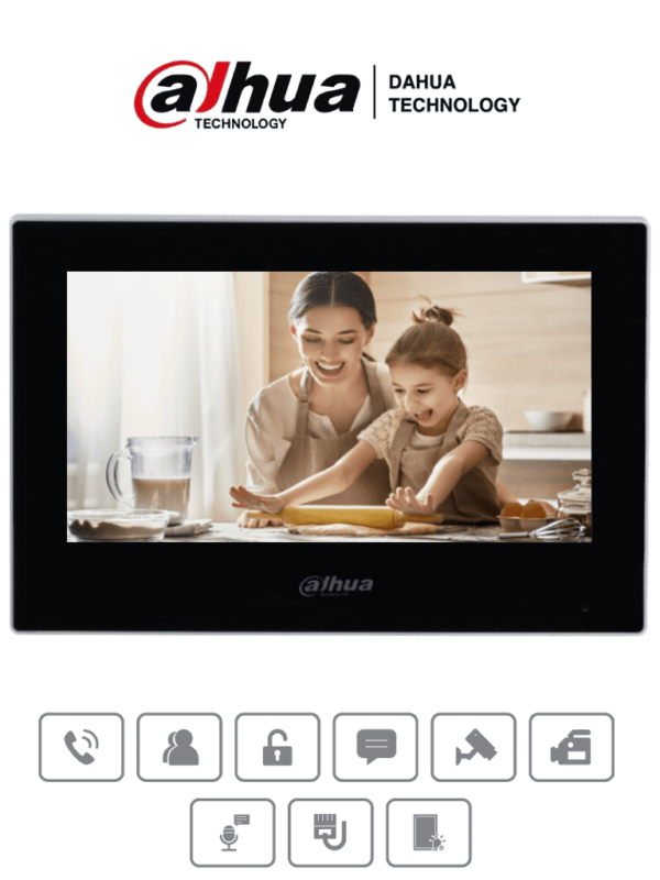 DAHUA VTH2621G-P - Monitor IP táctil de 7" en negro, Serie Lite, ideal para interiores. Soporta PoE estándar, hasta 4 cámaras de entrada y 4 monitores adicionales. Incluye modo No Molestar, 6 entradas/salidas de alarma, y compresión H.265.