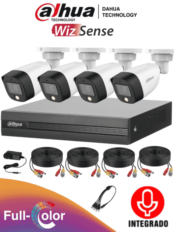 DAHUA FULLCOLORKIT-A - Kit de 4 Canales Full Color 2 MP con Audio y DVR Cooper-I WizSense. Incluye 4 cámaras Full Color 2 MP con micrófono integrado. Sistema de 4 canales más 1 IP y 4 SMD Plus. Incluye accesorios y búsqueda de humanos con IA.