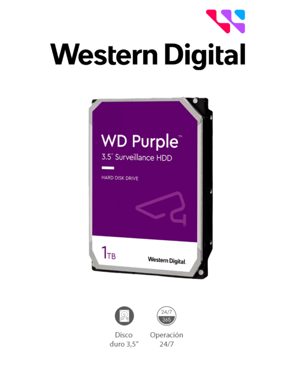 WESTERN WD11PURZ - Disco Duro de 1TB Purple/ Especial Para Videovigilancia/ Trabajo 24/7/ Interface: Sata 6 Gb/s/ Hasta 64 Cámaras/ Hasta 8 Bahías de Discos Duros/ 3 Años de Garantía #VIVA