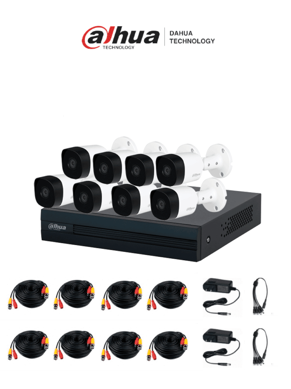 Kit de 8 Canales, DVR Cooper-I WizSense con IA y H.265+, 8 cámaras B2A21 de 1080p metálicas, soporte para hasta 10 canales IP, 4 canales con SMD Plus para detección de humanos y vehículos, y accesorios incluidos.