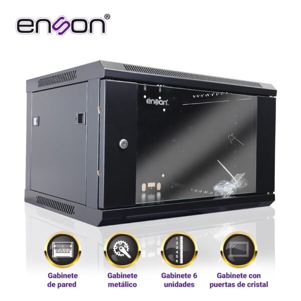 GABINETE DE PARED ENSON ENS-RKGB6U 6UR PUERTA FRONTAL DE CRISTAL TEMPLADO CON CERRADURA DE SEGURIDAD RANURAS DE VENTILACION EN LA PARTE SUPERIOR PARA 2 VENTILADORES DE 11 CM ENSAMBLADO - Image 5