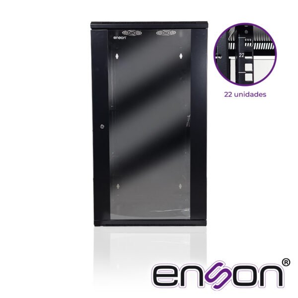 GABINETE DE PISO/PARED ENSON ENS-RKGU22PRO 22U PUERTA FRONTAL DE CRISTAL TEMPLADO CON CERRADURA DE SEGURIDAD PUERTA TRASERA ABATIBLE RANURAS DE VENTILACION EN LA PARTE SUPERIOR PARA 2 VENTILADORES DE 11 CM