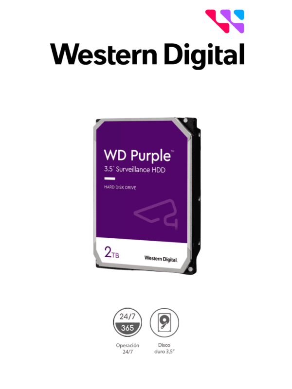 Disco duro de 2TB / Serie Purple para videovigilancia / Trabajo 24/7/ Interface: Sata 6 Gb/s/ Hasta 64 Cámaras/ Hasta 8 Bahías de Discos Duros/ 3 Años de Garantía #VIVA